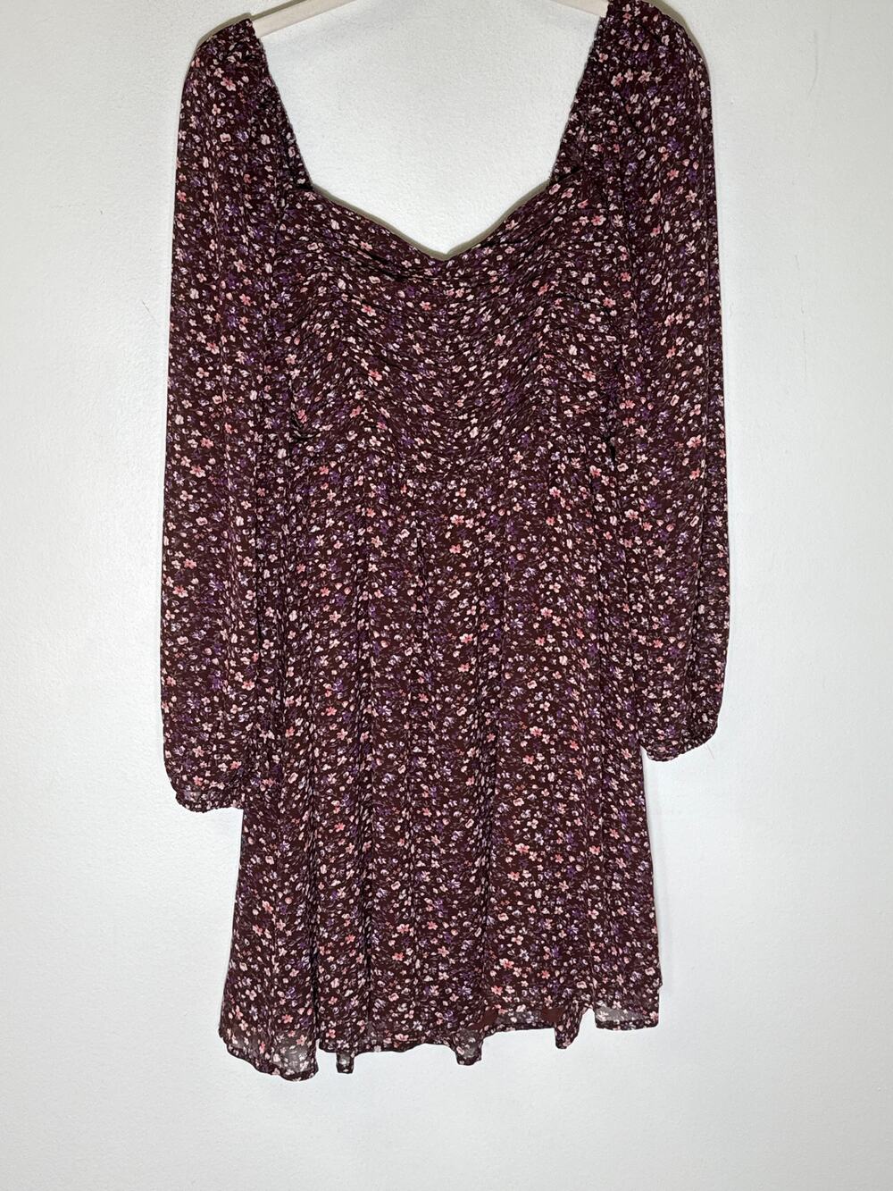 Lush Dark Purple Floral Long Puff Sleeve Smocked Mini Dress Sz S